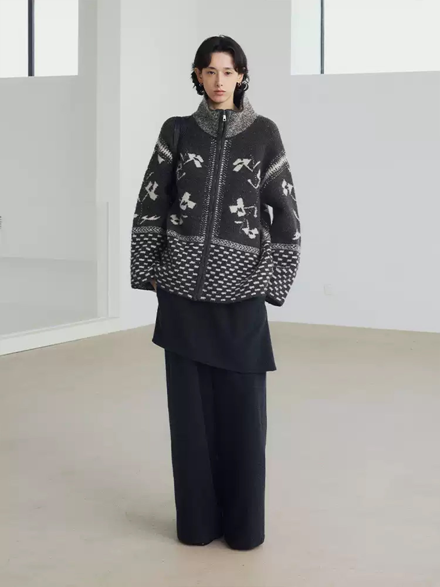 Women’s Wool-Blend Fair Isle Geometric Knit Sweater Jacket – Vintage Stand Collar Fall Winter Cardigan