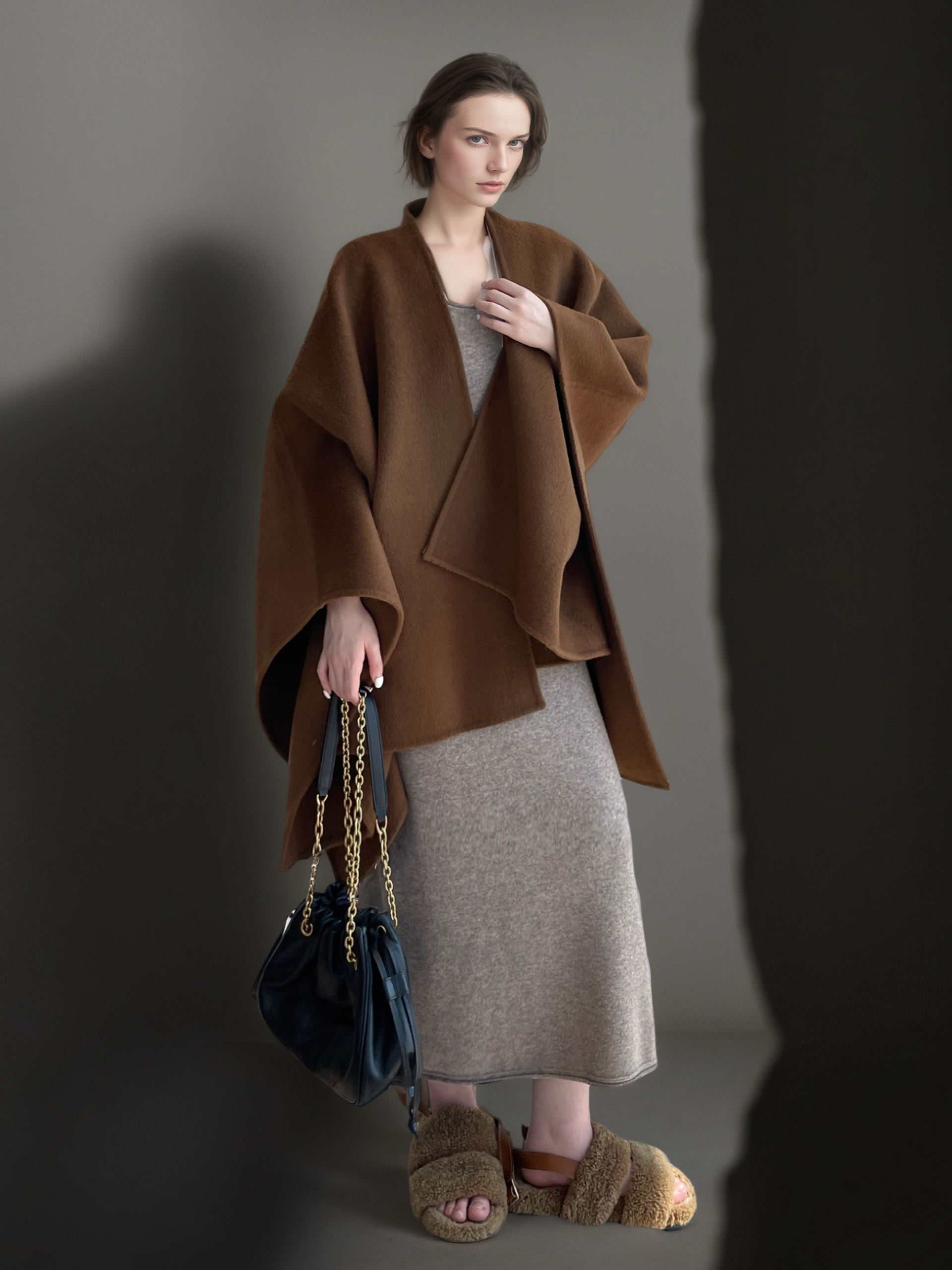 Women’s 80% Wool 20% Tencel Shawl Cape | Elegant Old Money Style Wrap in Classic Tan Brown