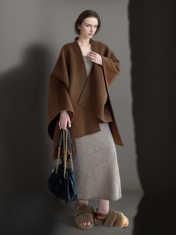 Women’s 80% Wool 20% Tencel Shawl Cape | Elegant Old Money Style Wrap in Classic Tan Brown