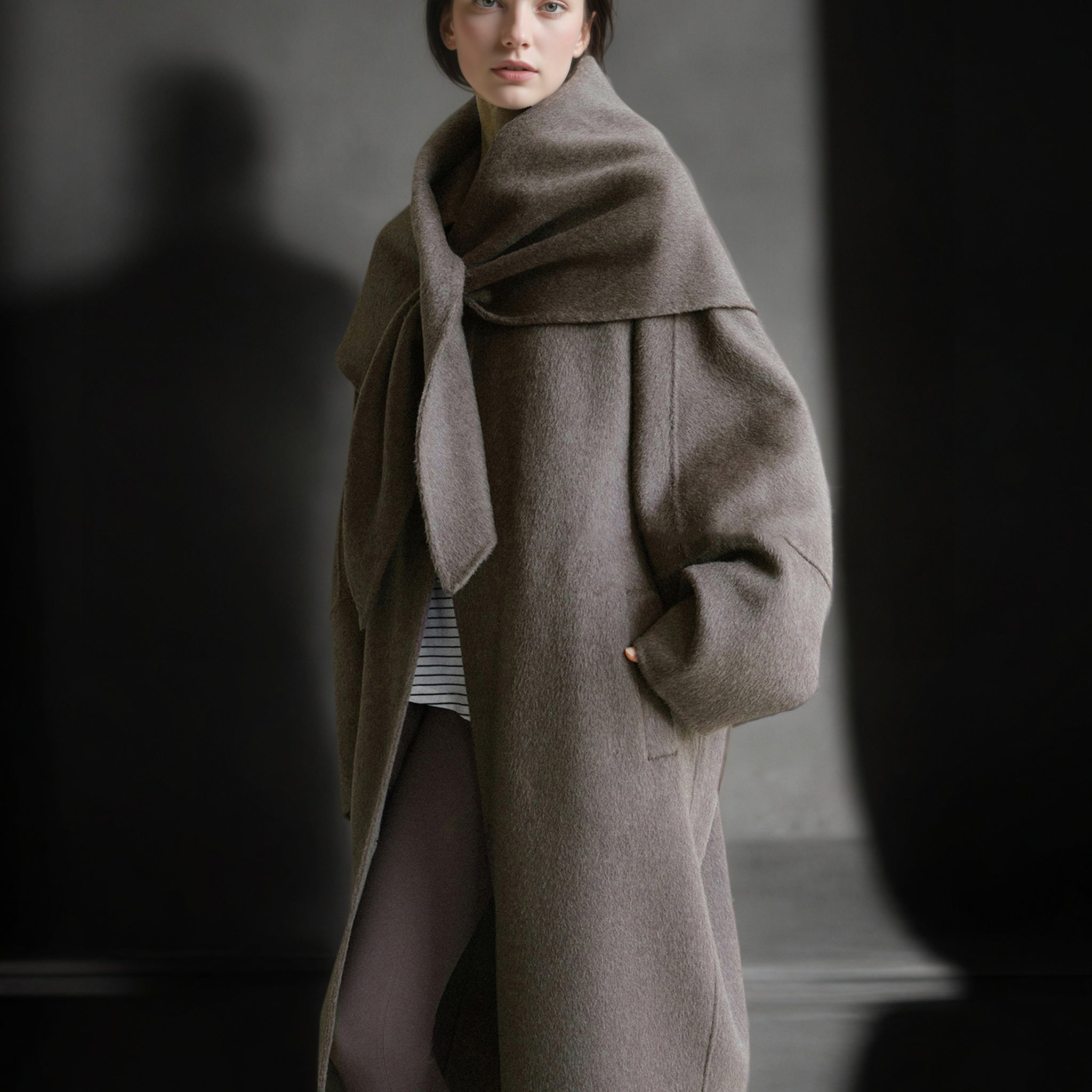 Tailored Wool, Camel & Yak Hair Coat with Complimentary Triangle Scarf – Old Money Style Double-Faced Wool Overcoat for Women Fall/Winter