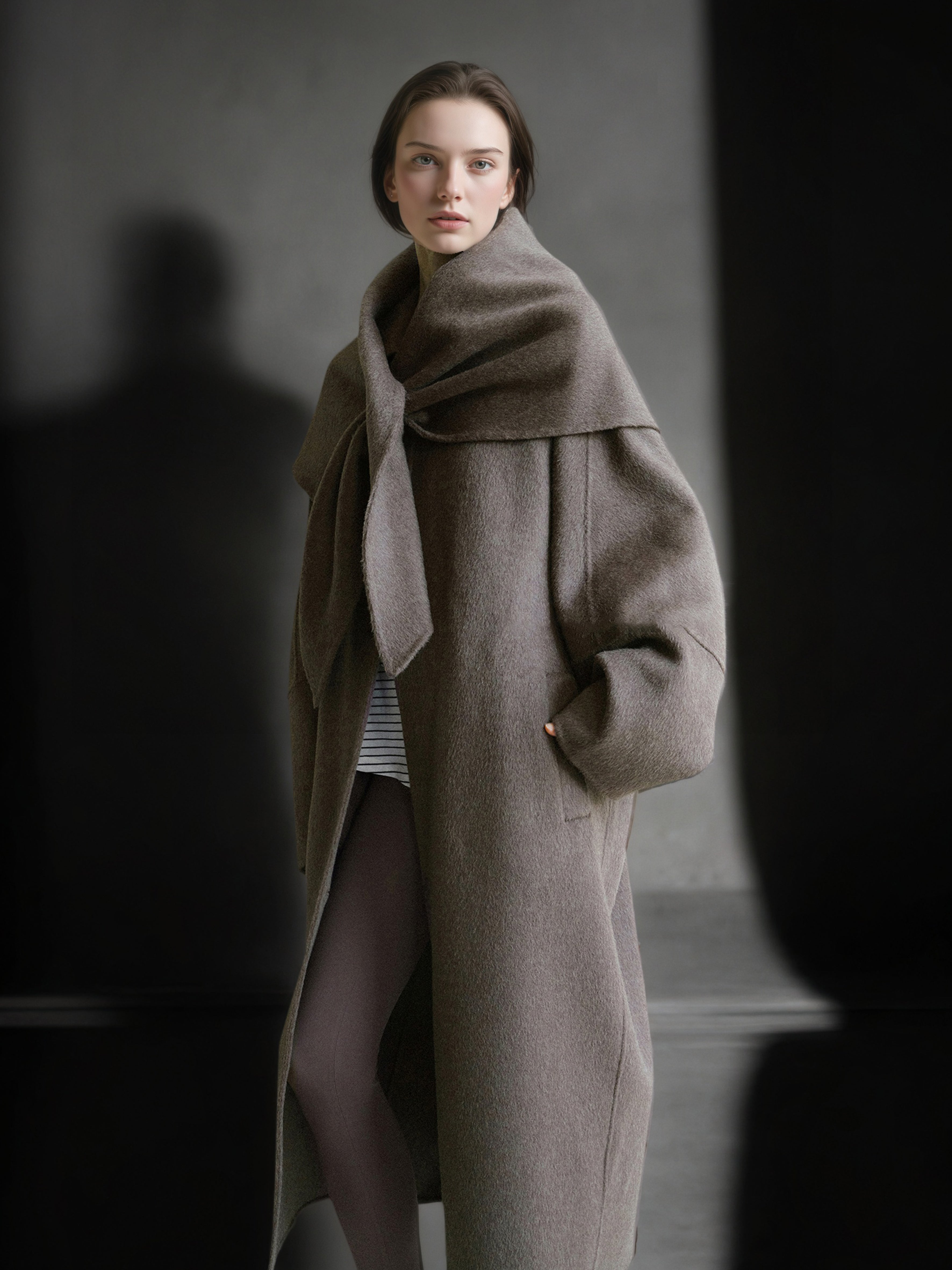 Tailored Wool, Camel & Yak Hair Coat with Complimentary Triangle Scarf – Old Money Style Double-Faced Wool Overcoat for Women Fall/Winter