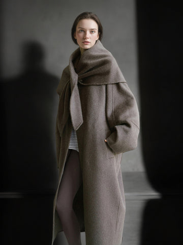 Tailored Wool, Camel & Yak Hair Coat with Complimentary Triangle Scarf – Old Money Style Double-Faced Wool Overcoat for Women Fall/Winter