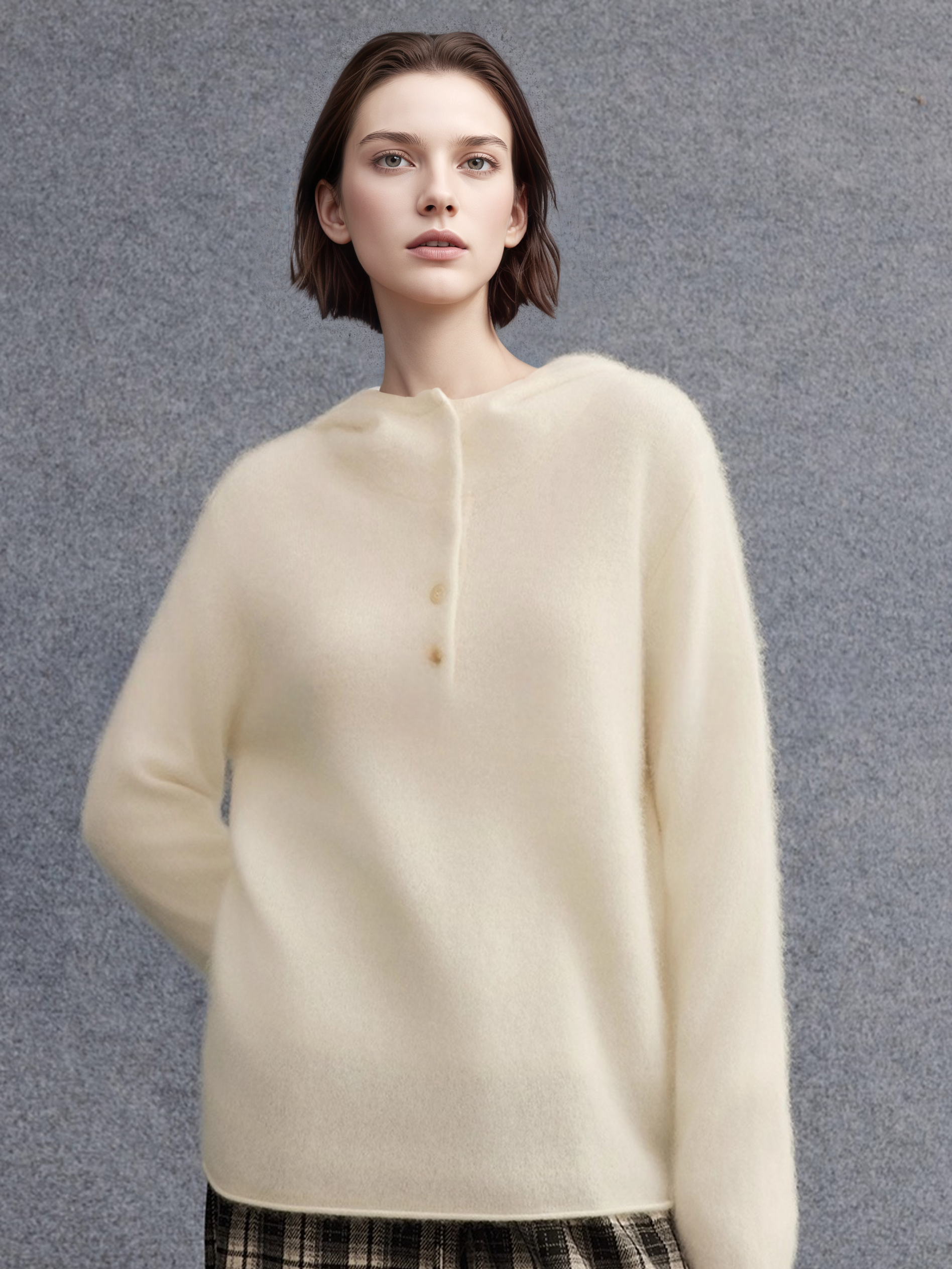 Cashmere Wool Brushed Hoodie Sweater | Henley-Neck Relaxed Fit Soft Cloud-Knit Pullover