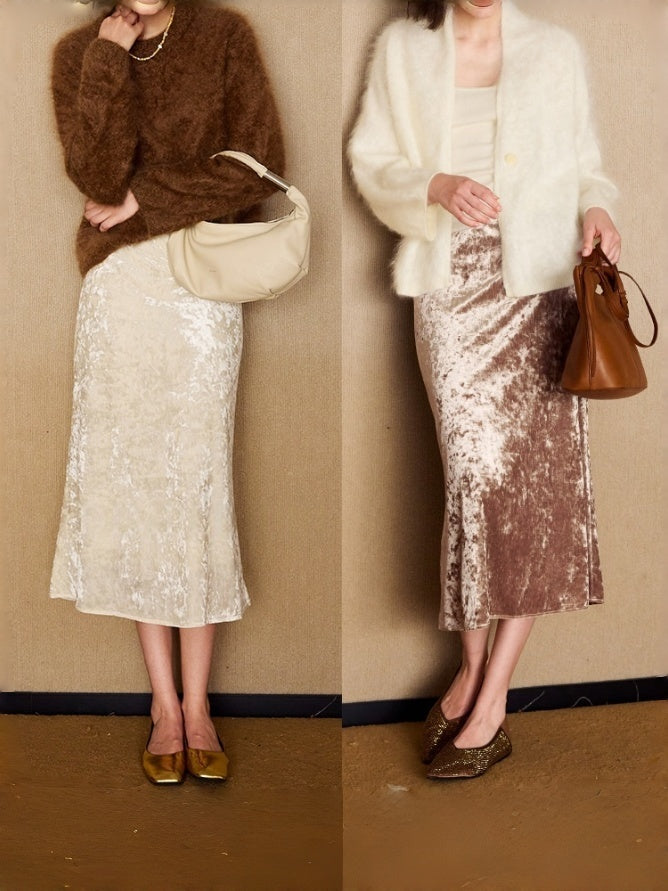 Glimmering Waves Vintage Gold-Flecked Fish Tail Skirt | Stretch Velvet Midi Skirt