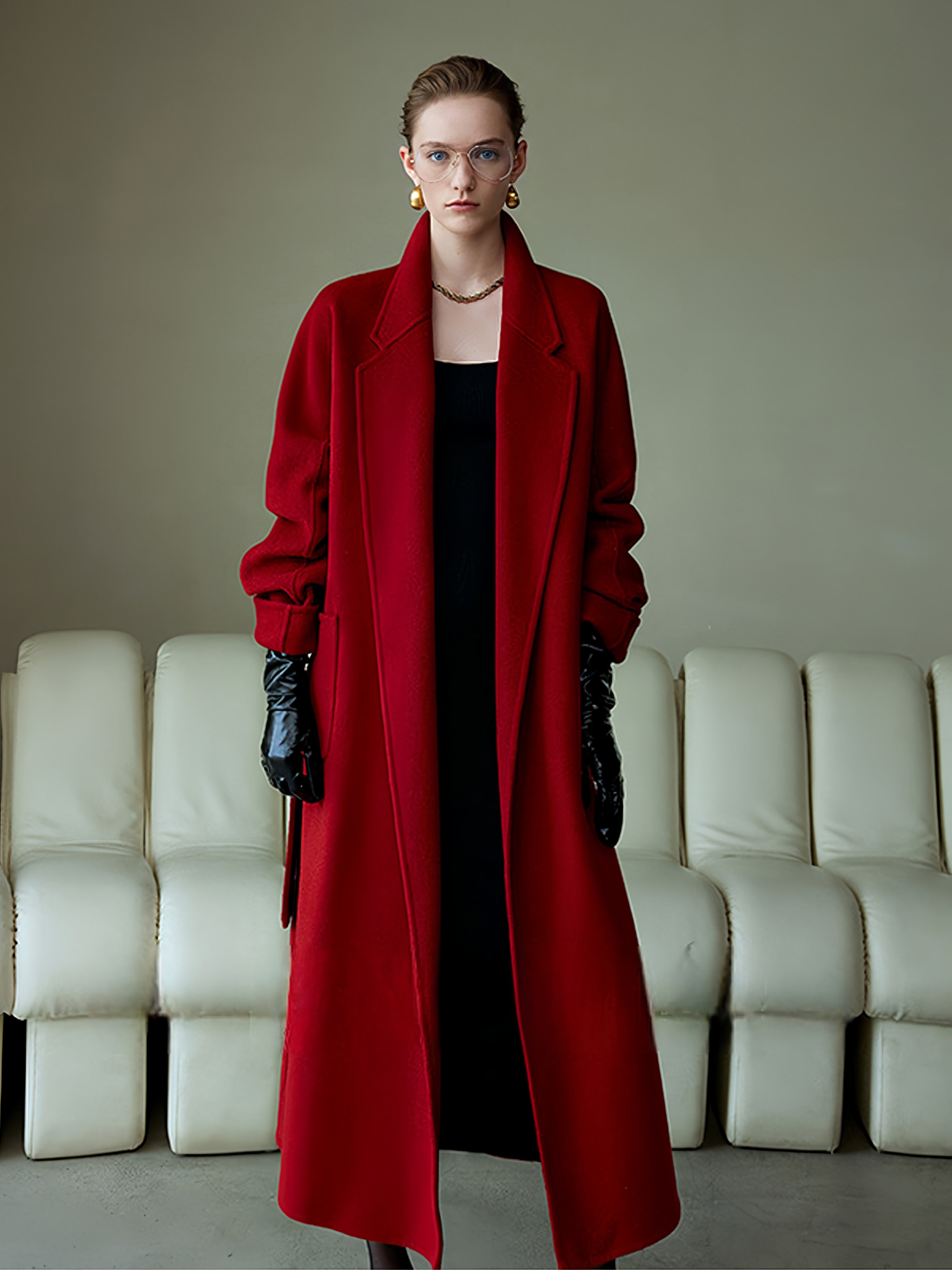 High-End Vintage Christmas Burgundy Double-Faced Wool Coat for Women | Loose Casual Elegant Wool Overcoat