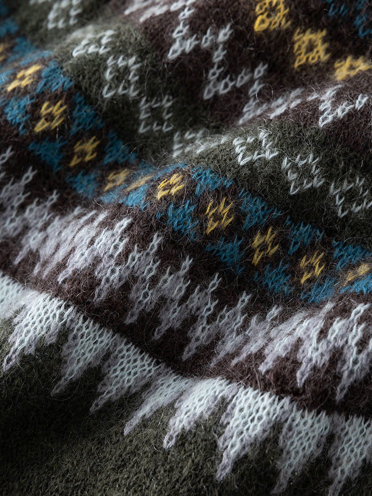 Fair Isle Geometric Knit Sweater for Women – Wool Mohair Blend Raglan Crewneck Pullover