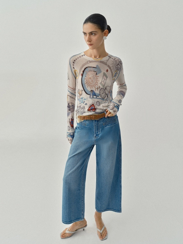 Colorful Hand-Painted Print Ultra-Soft Water-Soluble Wool Knit Sweater