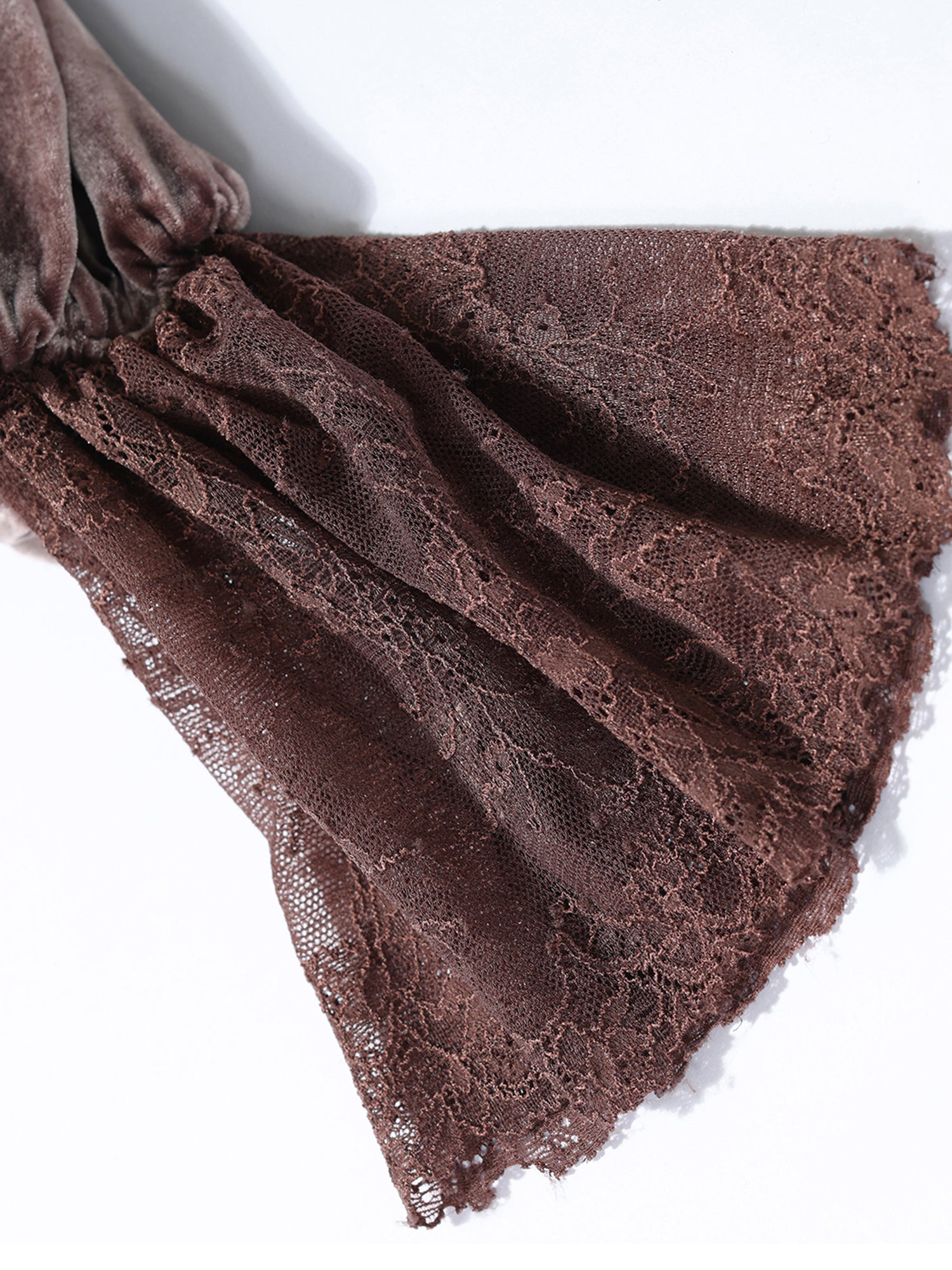 Soft Glow Silk Velvet Top – Eyelash Lace Trim, Tie-Neck Detail, Loose Fit Bell Sleeves