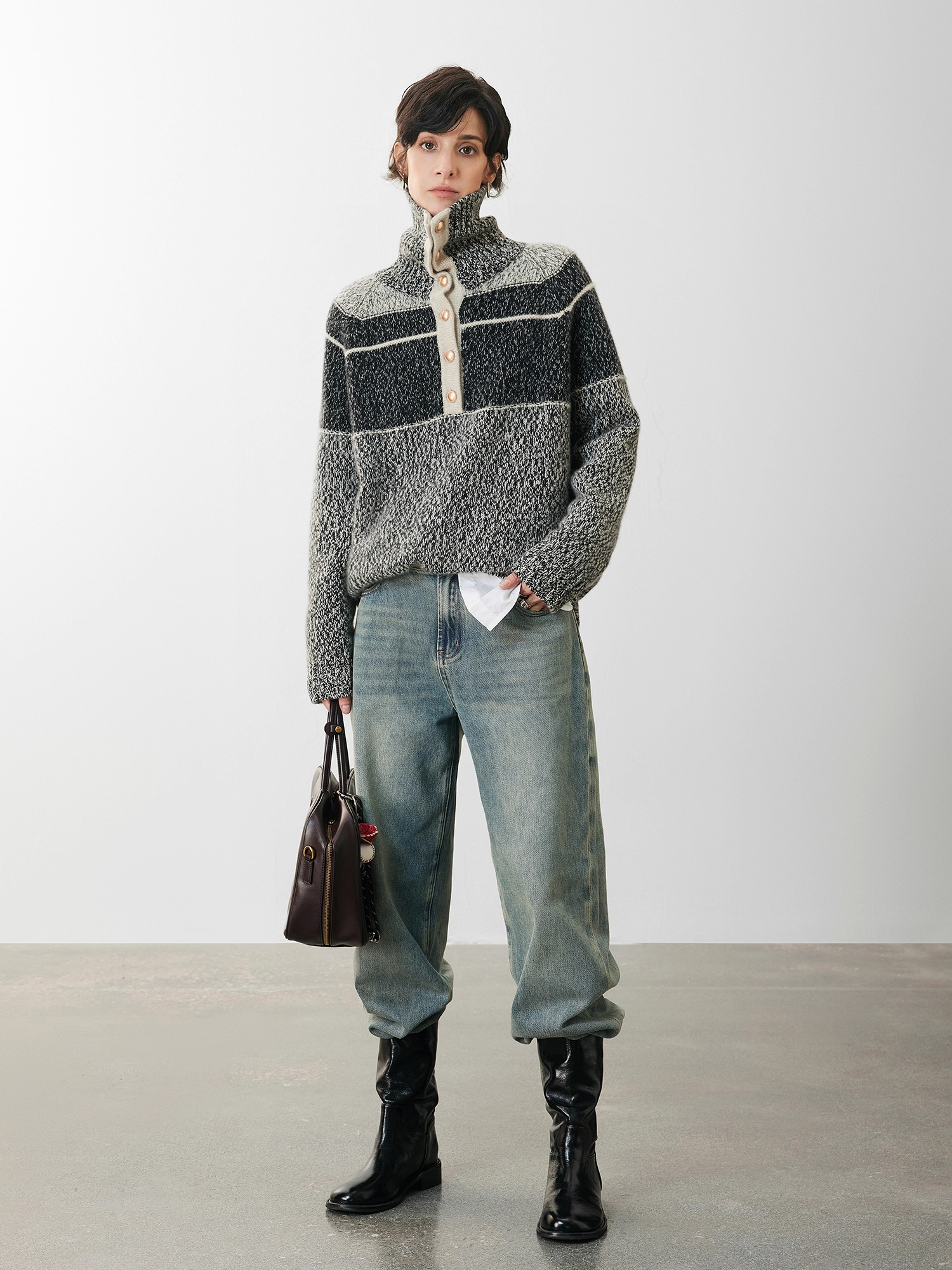 Pure Cashmere French-Style Collar Sweater – Premium Gray Contrast-Color Knit Top