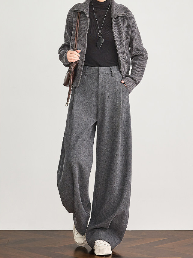 Women's Gray Wool Wide-Leg Suit Pants – Premium Draped Wool-Blend Trousers for Fall/Winter