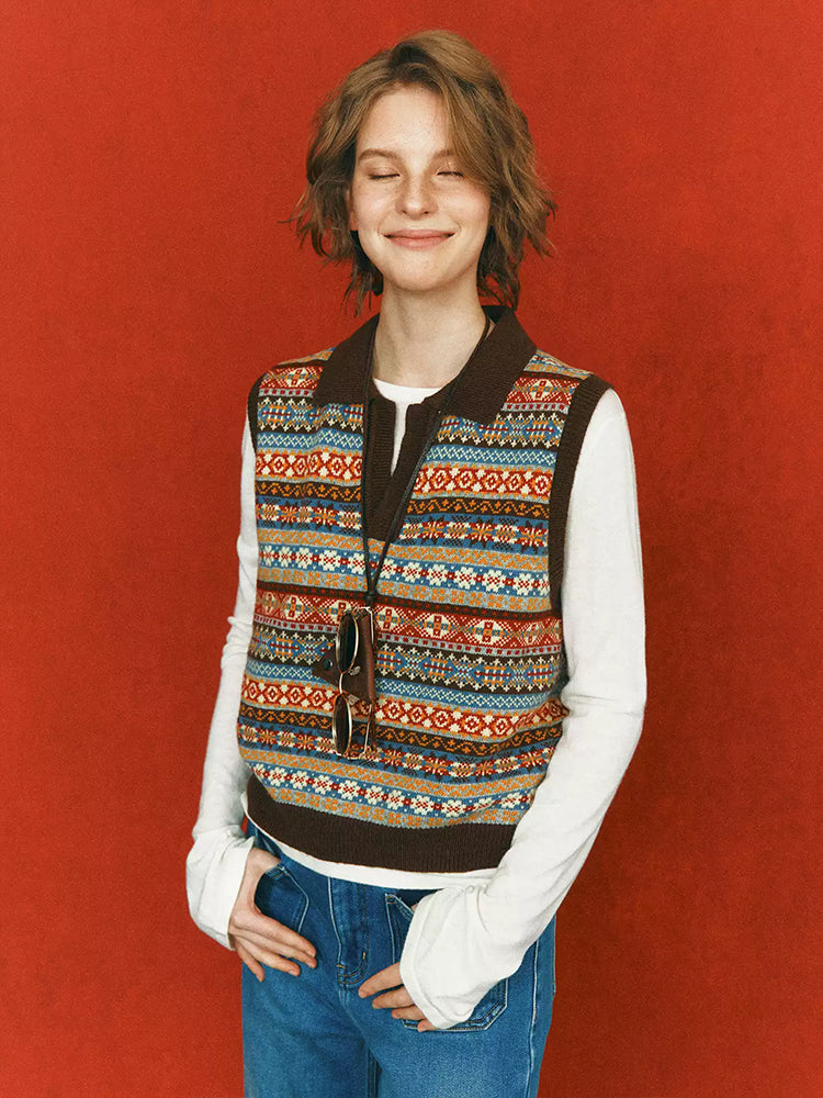 Fair Isle Jacquard Knit Vest for Women – French Vintage Scissor V-Neck Geometric Sweater Top