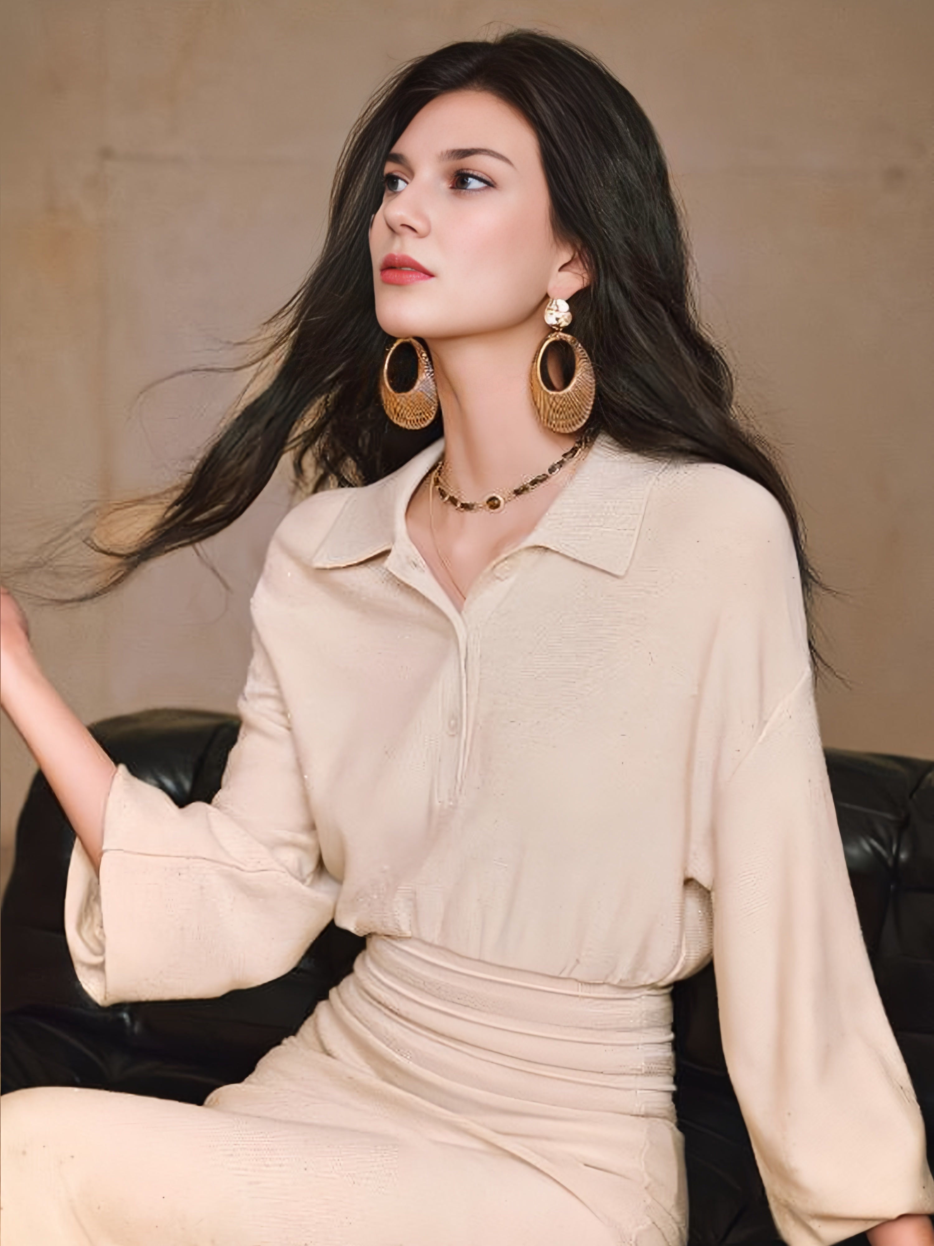 Star-Sequin Wool Stretch Knit Dress with Panelled Polo Collar and Balloon Sleeves