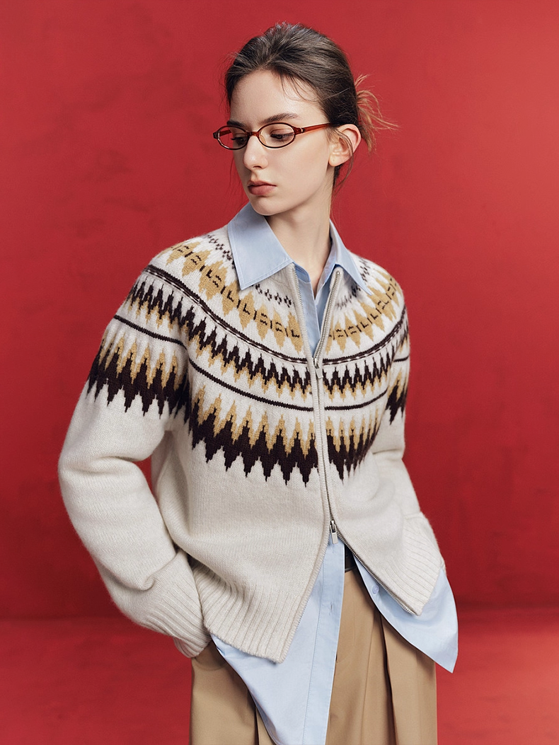 100% Wool Fair Isle Zip-Up Sweater for Women – Winter Knitted Cardigan