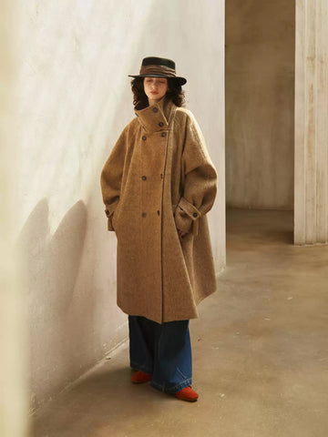 Vintage Double-Breasted Wool Cashmere Blend Coat for Women – Winter New Loose Silhouette, Mid-Length Double-Faced Wool Overcoat