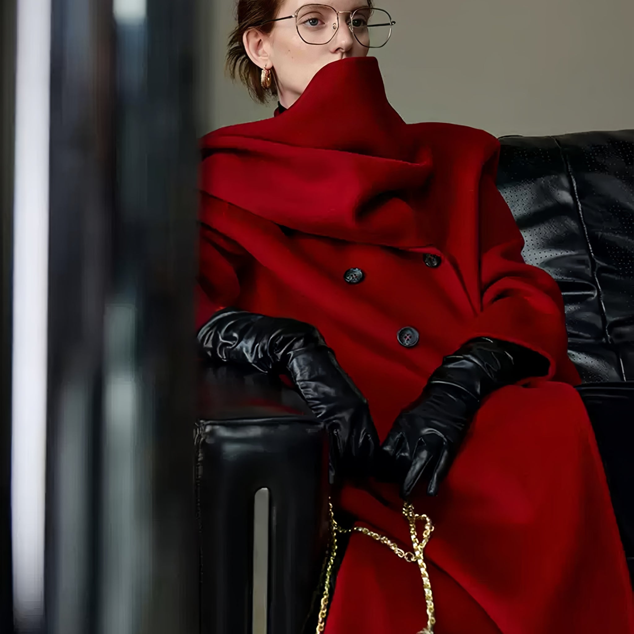 Cape-Style Christmas Red Double-Faced Wool Coat for Women – Elegant Long Scarf-Collar Woolen Overcoat