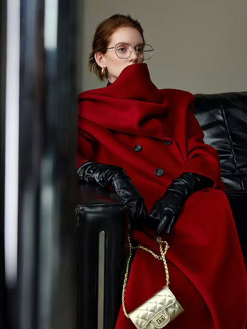 Cape-Style Christmas Red Double-Faced Wool Coat for Women – Elegant Long Scarf-Collar Woolen Overcoat