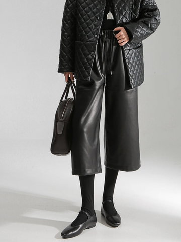 Women’s Genuine Sheepskin Culottes | Cropped Wide-Leg Leather Pants with Elastic Waist, Casual Office Style