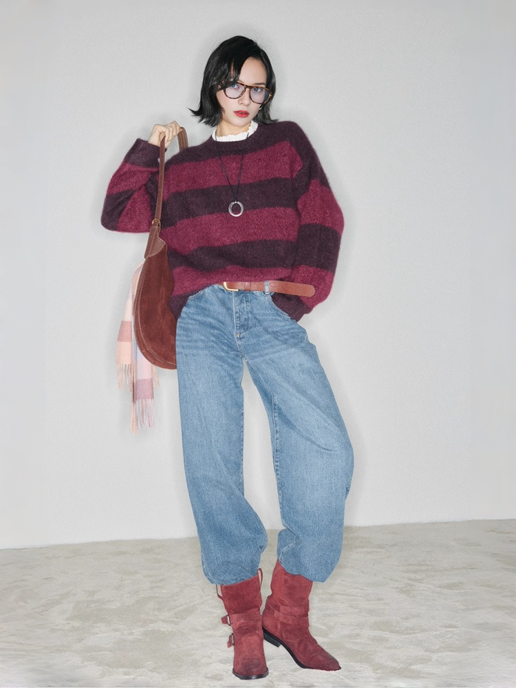 Nordic Christmas Night | Heavyweight Luxurious Brushed Cashmere Color-Block Striped Relaxed Soft Crewneck Sweater – Premium Winter Knitwear