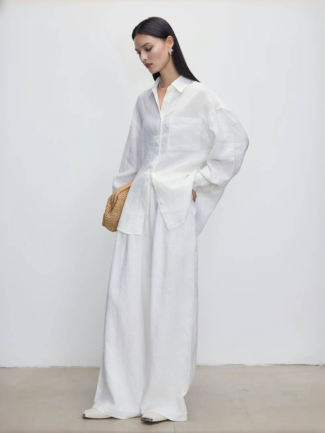 White Linen Long-Sleeve Shirt – 100% Pure Flax, Breathable & Timeless