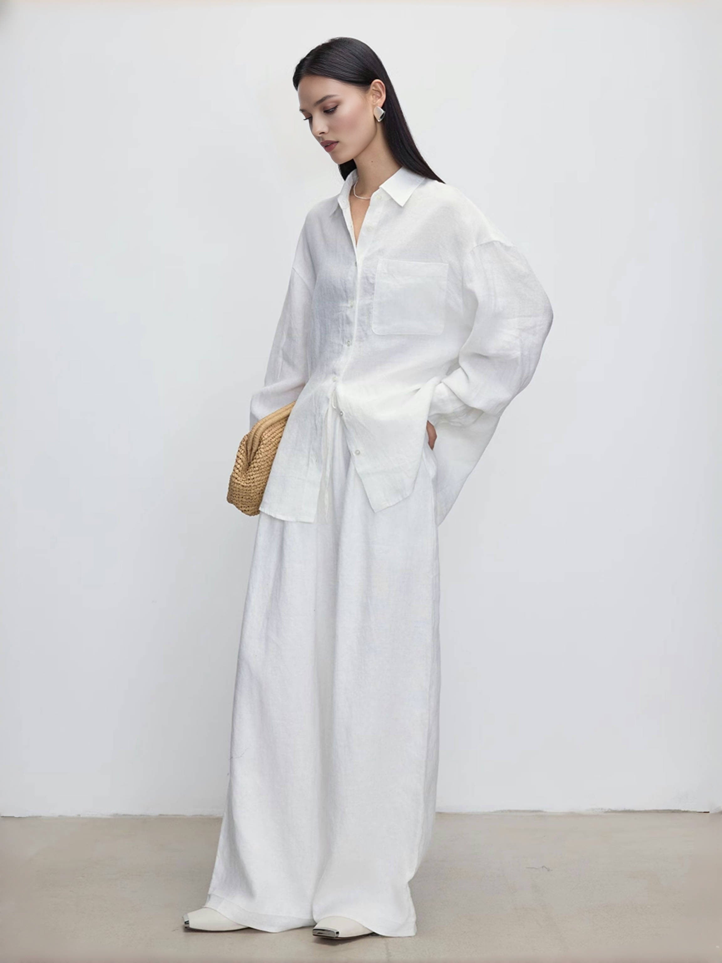 White Linen Long-Sleeve Shirt – 100% Pure Flax, Breathable & Timeless