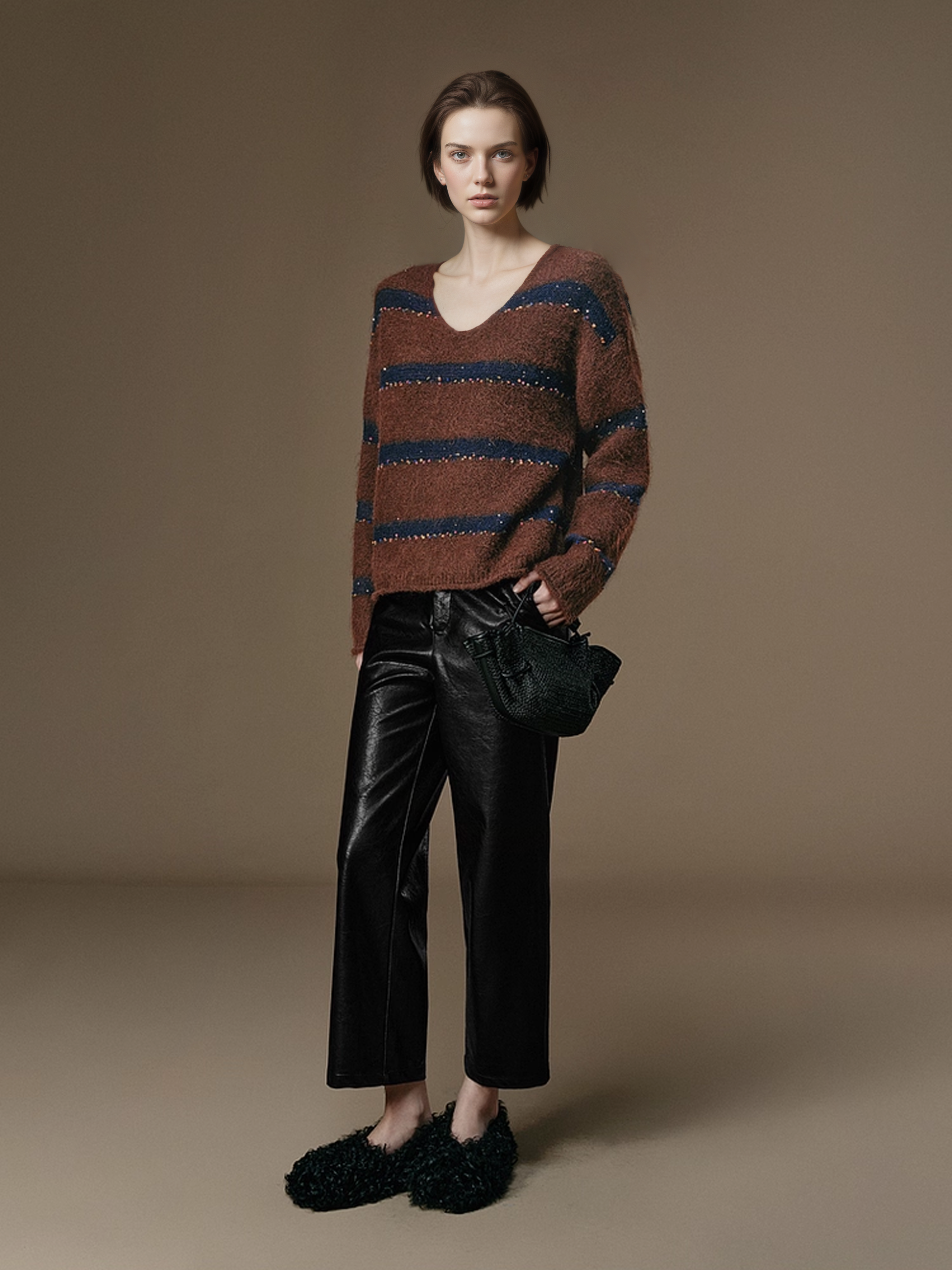Soft Wool V-Neck Striped Sweater with Colorful Pom Details and Subtle Sequins | Relaxed Winter Knitwear