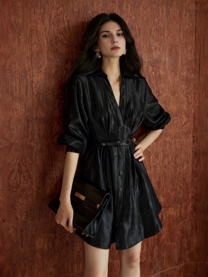 Lustrous Jacquard Satin Shirt Dress for Women – Belted Waist A-Line Mini Dress with Refined Sheen