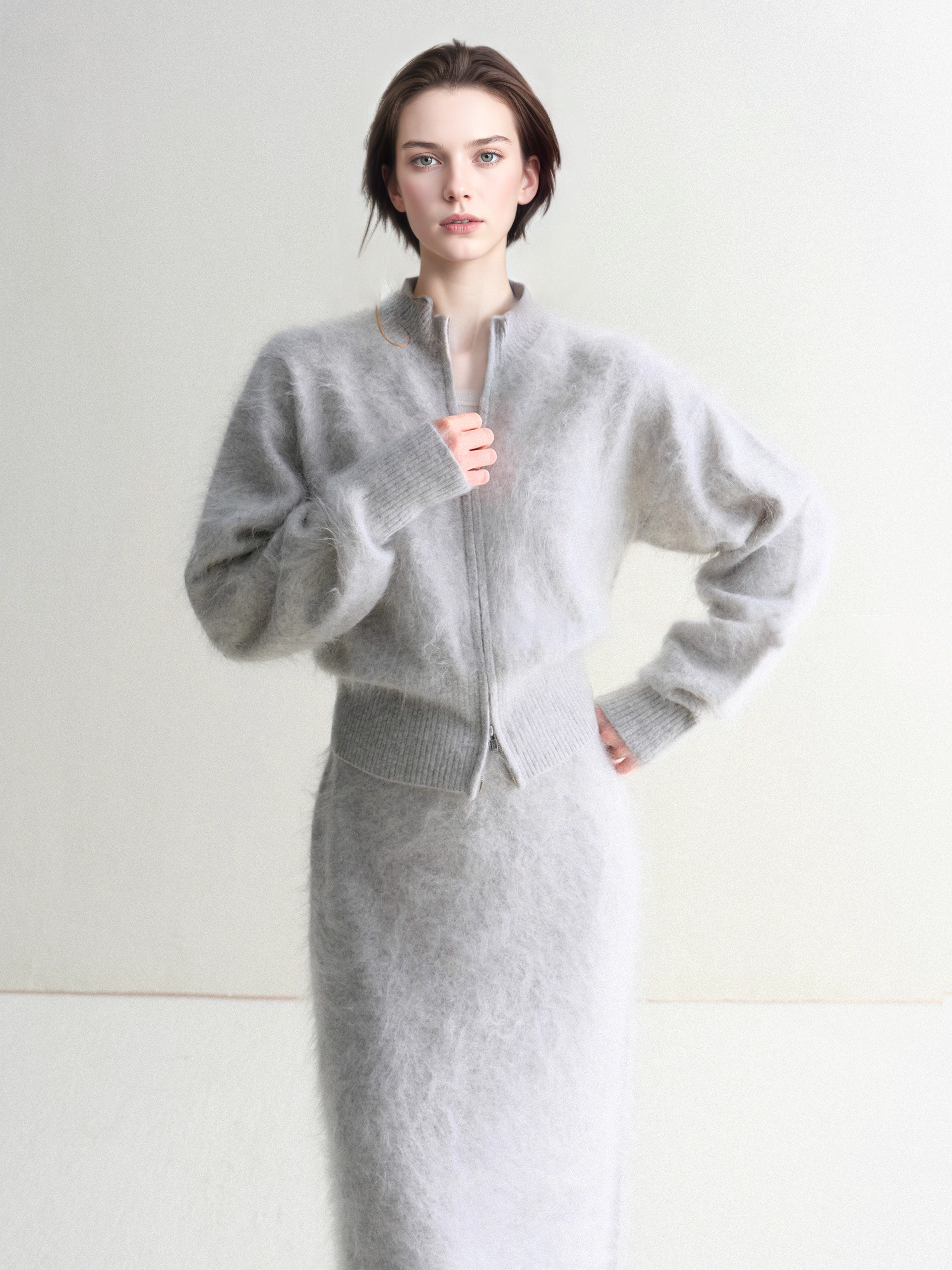 Luxury Brushed 100% Cashmere Stand-Collar Zip-Up Cardigan | Soft Fleece-Like Knit Sweater for Women