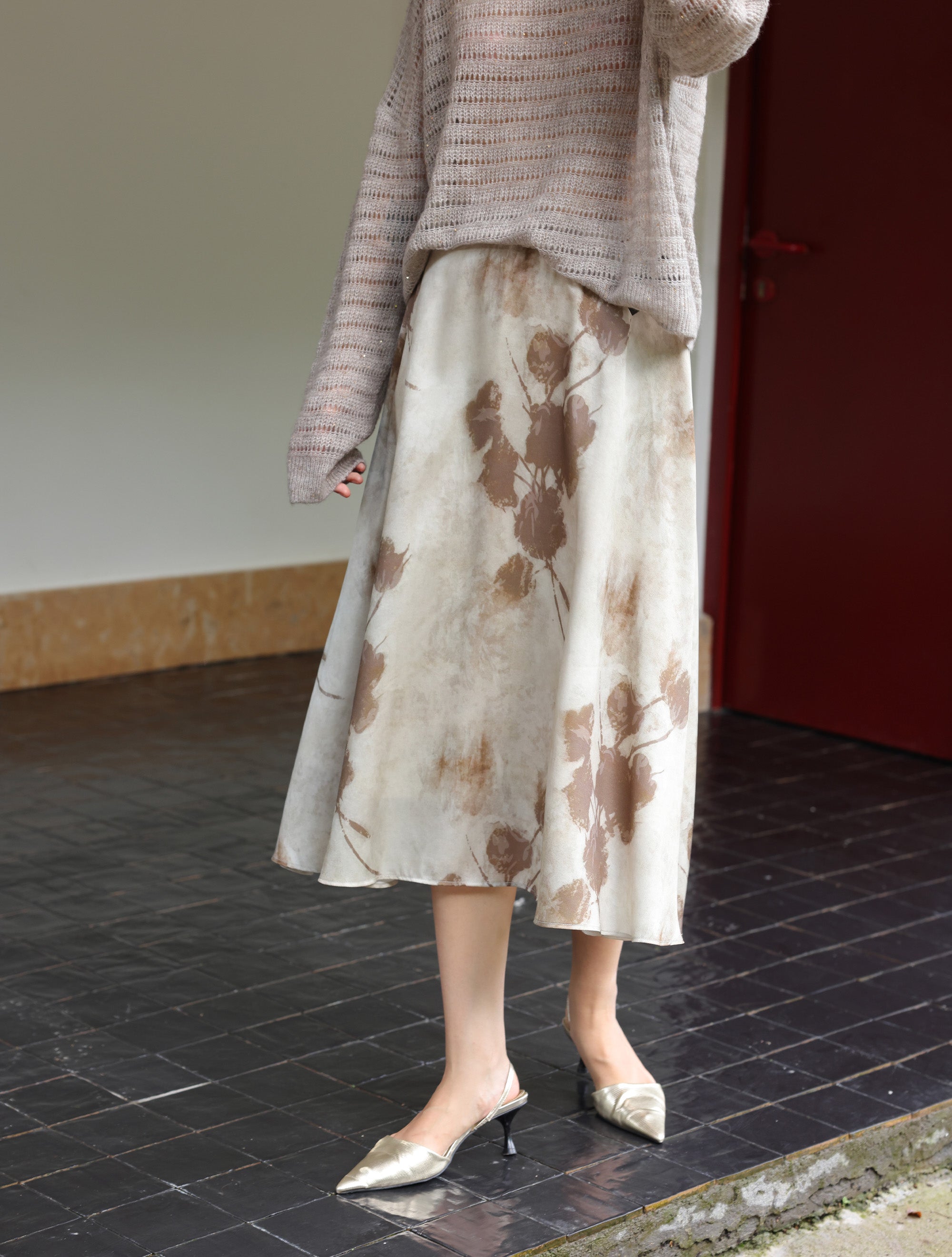 Lyocell Fiber Misty Floral Print Elegant A-Line Skirt | Airy, Graceful A-Line Midi Skirt for Women
