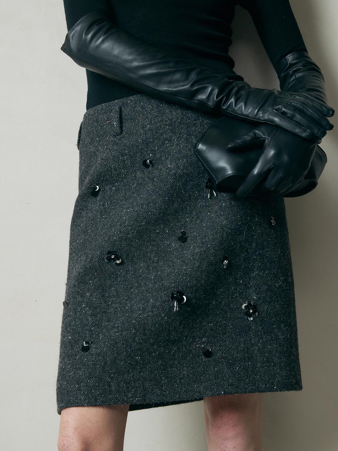 Australian Wool Blend Beaded Pencil Skirt – Hand-Embellished, Custom-Dyed Brown Woolen Midi Skirt