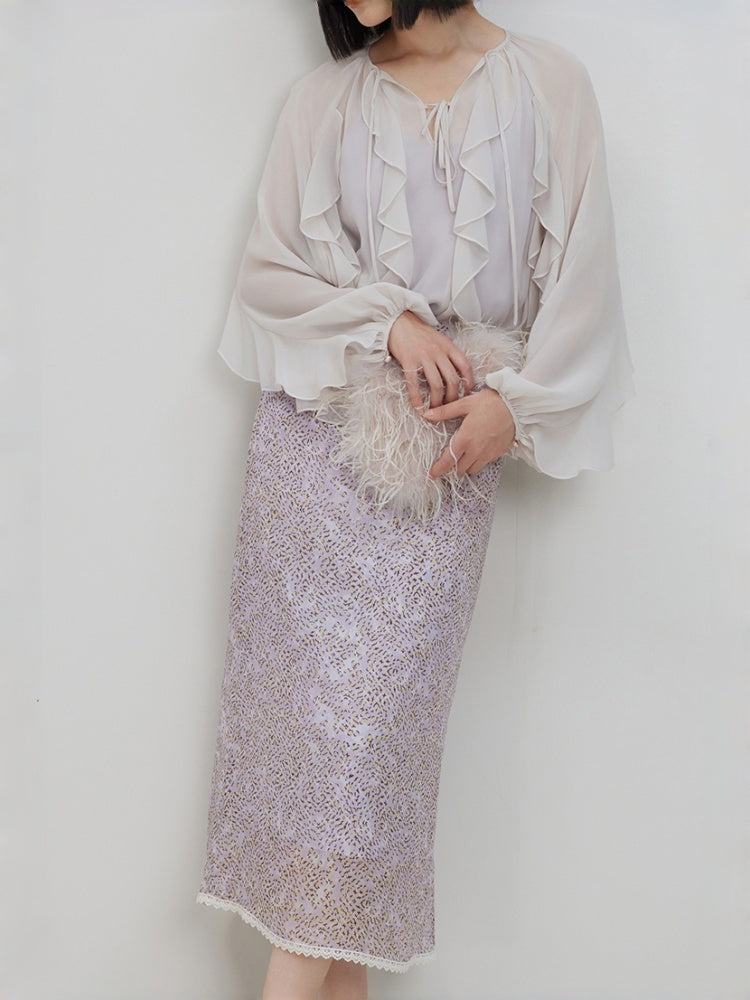 100% Silk Midi Skirt – Light Grey Purple Leopard Floral Print with Lace Hem, Straight Fit
