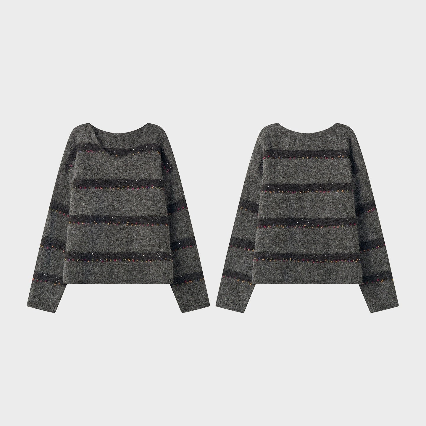 Soft Wool V-Neck Striped Sweater with Colorful Pom Details and Subtle Sequins | Relaxed Winter Knitwear