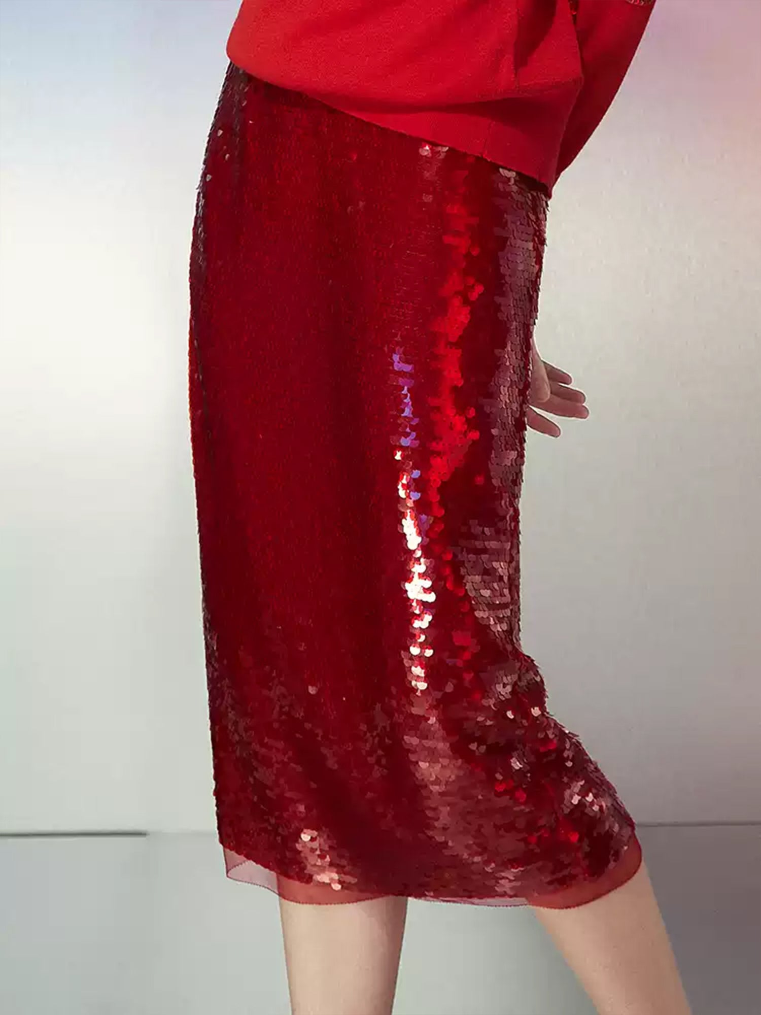 Red Sequin Bodycon Midi Skirt for Christmas Parties – Elegant Slim-Fit Sparkle Skirt