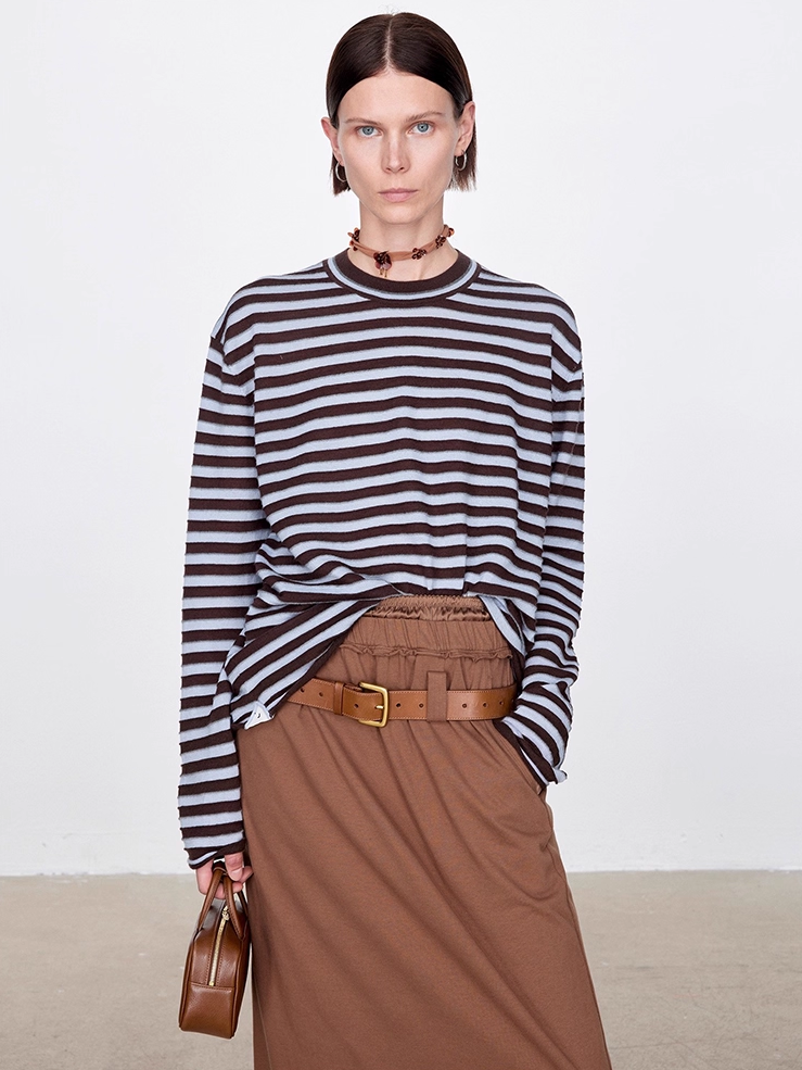 Minimalist Wool Striped Base Layer Top for Women – Coffee Brown & Soft Pink Fashion Knit