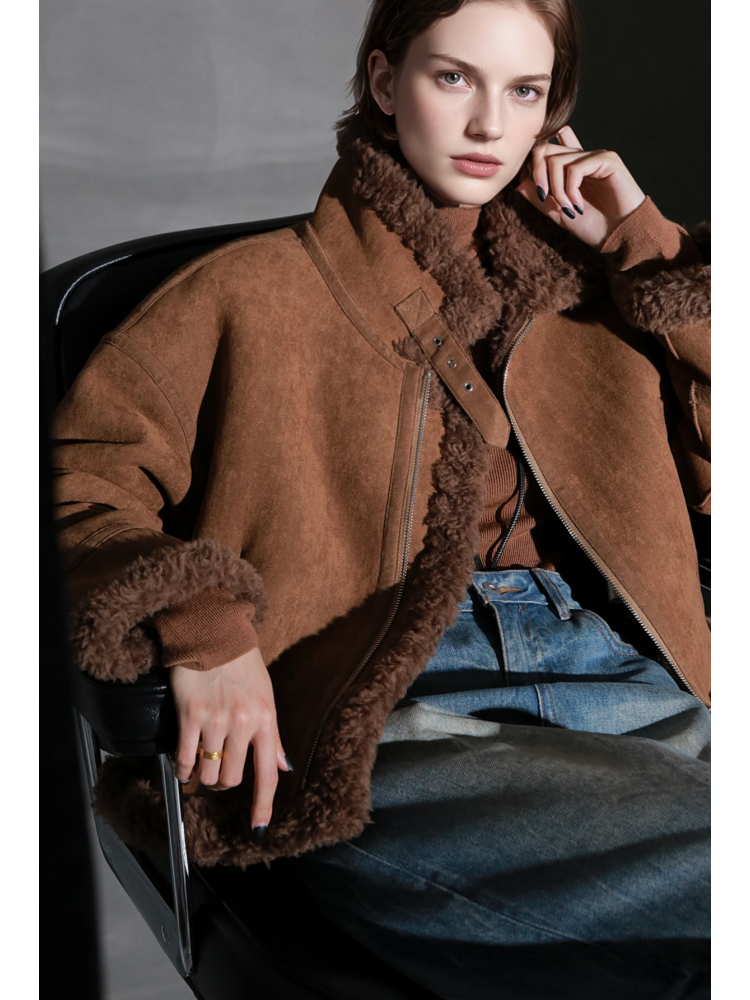 Vintage Suede Faux Shearling Jacket for Women – Short Stand Collar Plush Coat with Strap Detail, Thick Warm Winter Outerwear