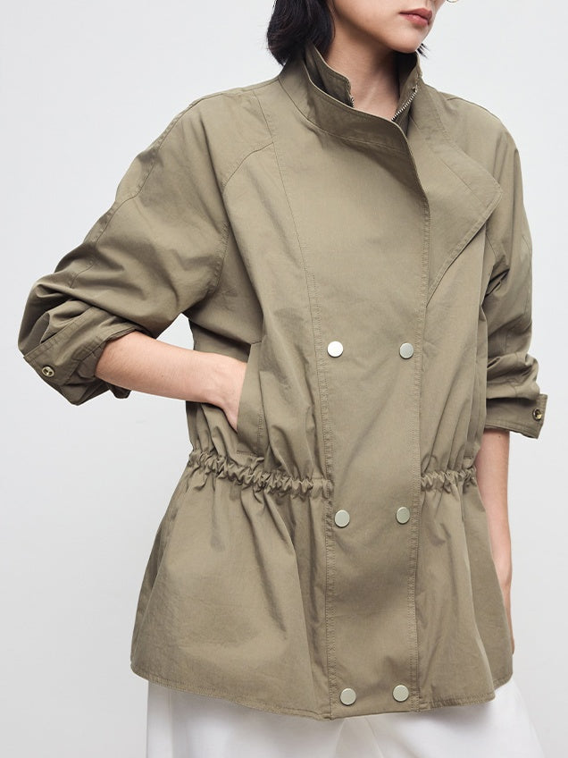 Autumn Retro High-Density Cotton Drawstring Dual-Collar Utility Jacket