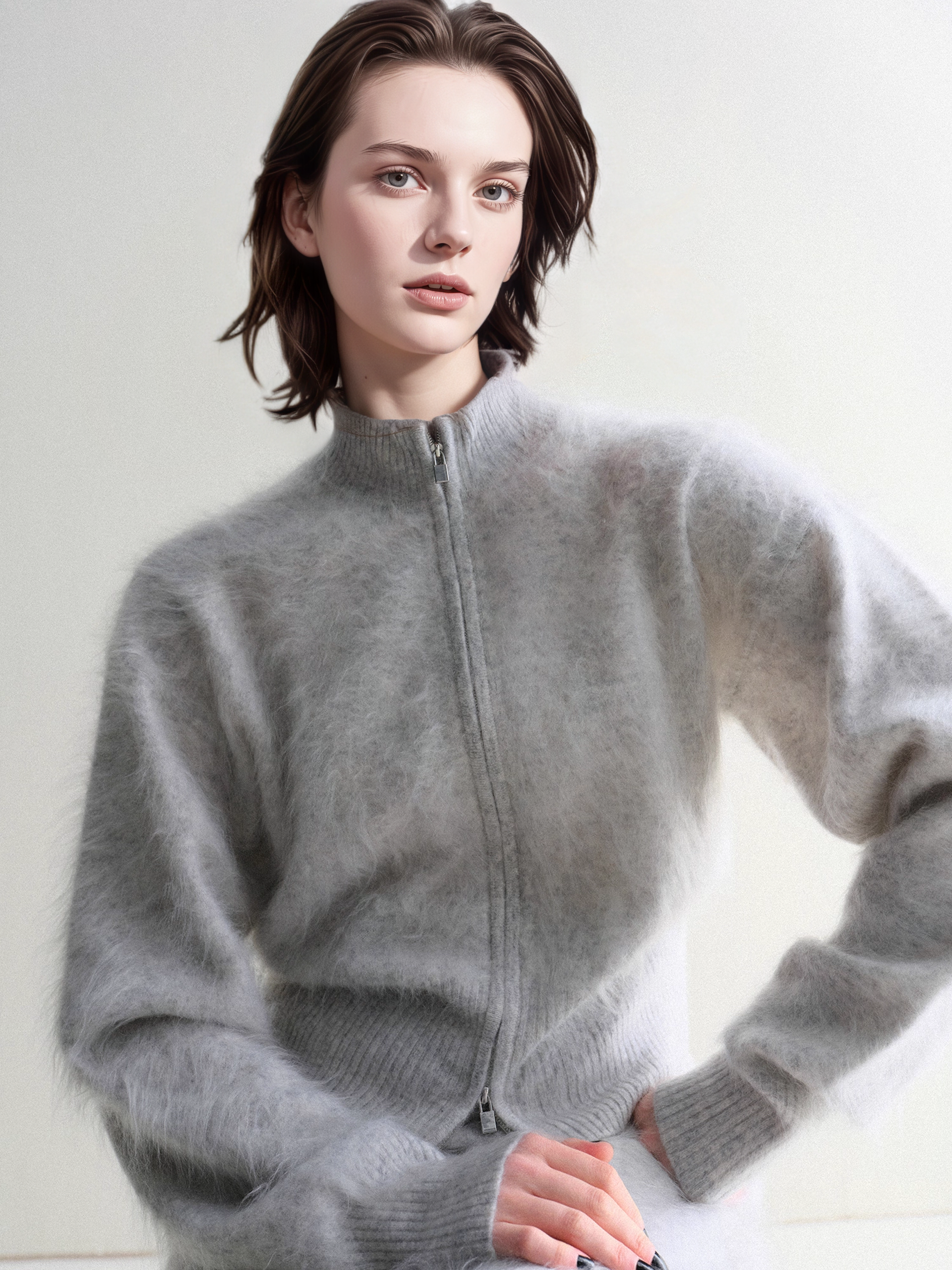 Luxury Brushed 100% Cashmere Stand-Collar Zip-Up Cardigan | Soft Fleece-Like Knit Sweater for Women