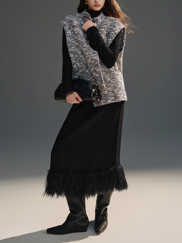 Double-Layer Thick Wool Cross-Stitch Tassel Sequin Embellished Knit Midi Skirt