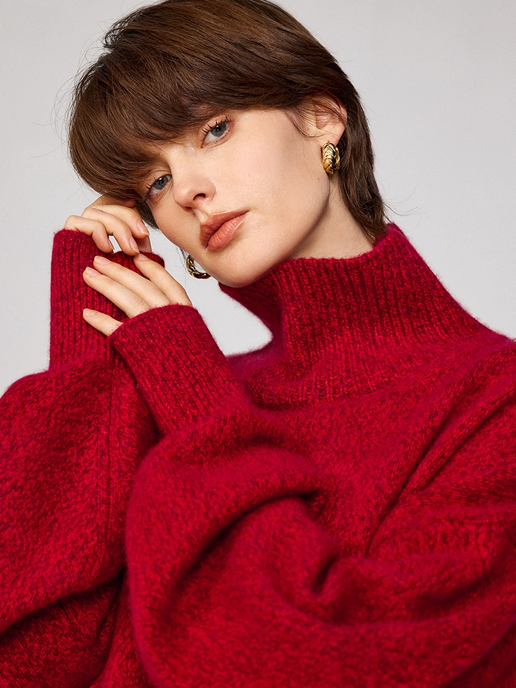 Soft New Year Red 100% Cashmere Sweater for Women – A-Grade Dyed Mélange Yarn, Thickened Turtleneck, Cozy Oversized Knit