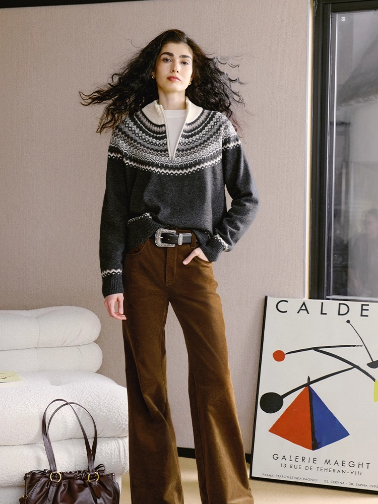 Winter Romance Retro Fair Isle Wool Sweater – Soft, Plush, High-Warm Inverted Trapeze Knitwear