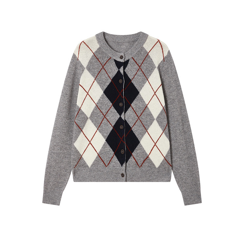 Australian Merino Wool Plaid Cardigan | Vintage Drop-Shoulder Intellectual-Style Knitwear for Women