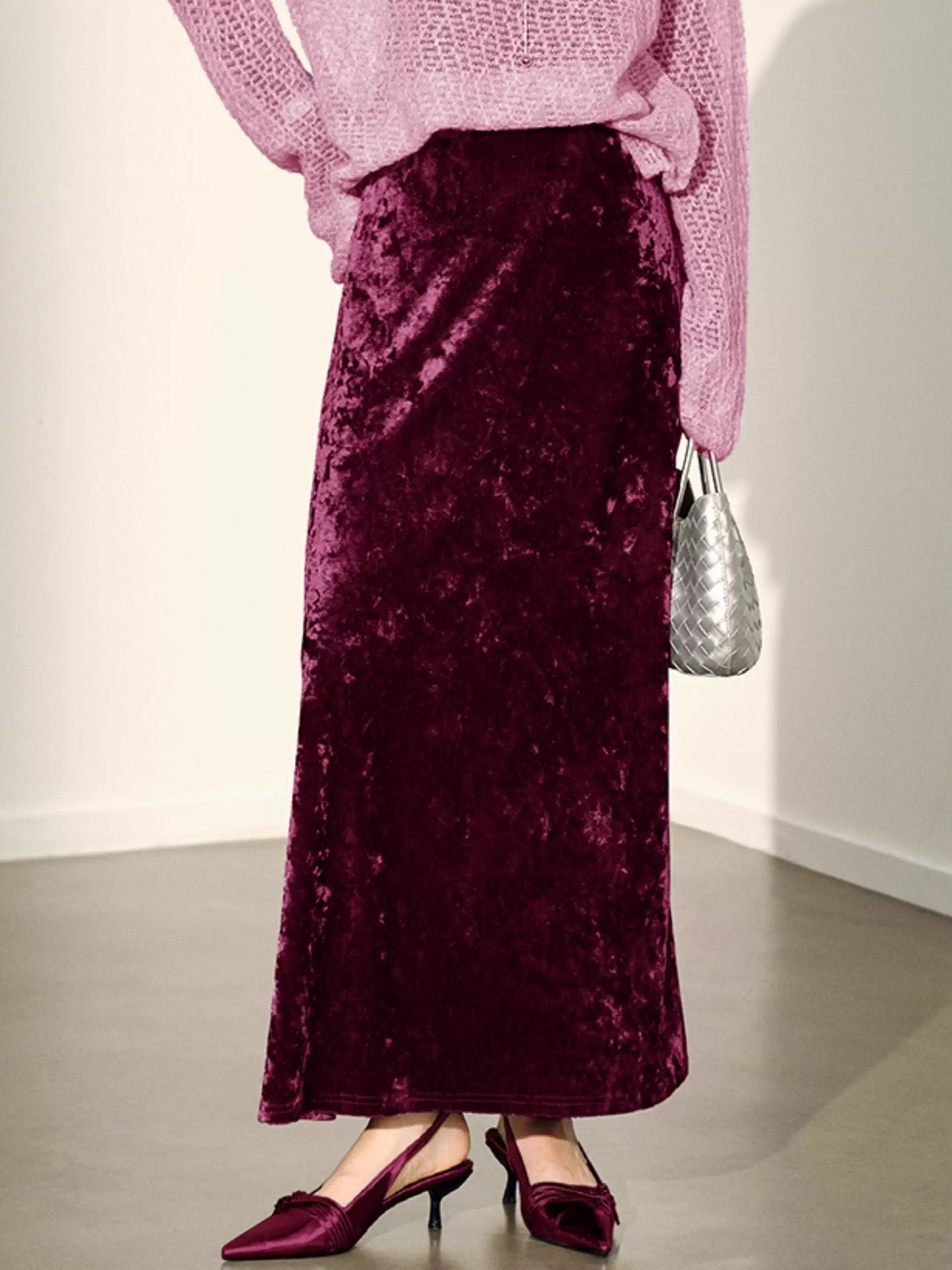 Elegant Purple Velvet Diamond-Touch High-Waist Midi Skirt for Women