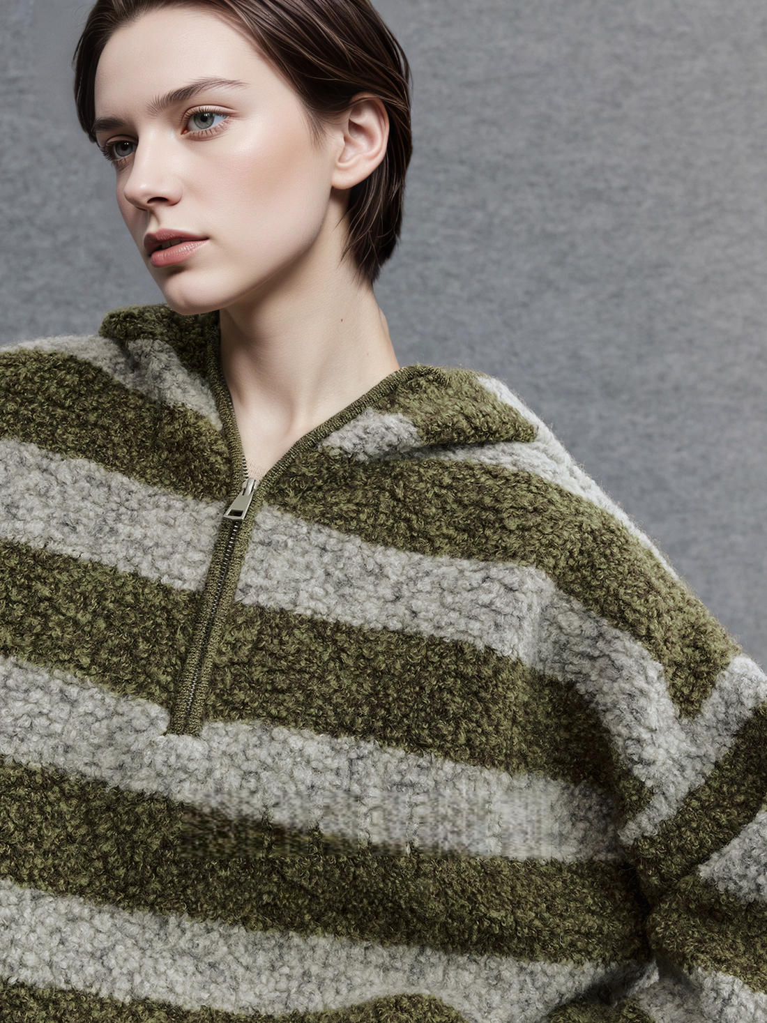 Pure Wool Hooded Striped Sweater for Women | Relaxed Half-Zip Loose-Fit Textured Knit Pullover