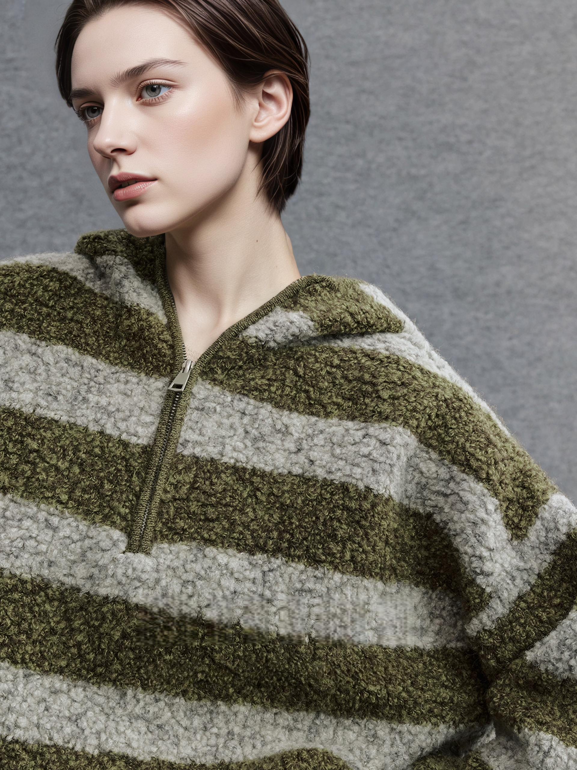 Pure Wool Hooded Striped Sweater for Women | Relaxed Half-Zip Loose-Fit Textured Knit Pullover