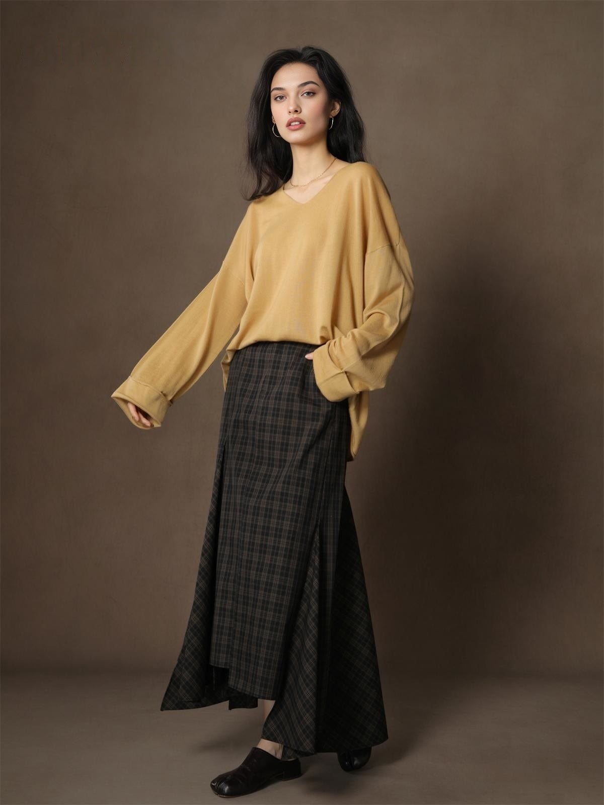 Designer Autumn Old Money Style Asymmetrical Fish Tail Plaid Midi Skirt - Lightweight Long-Length