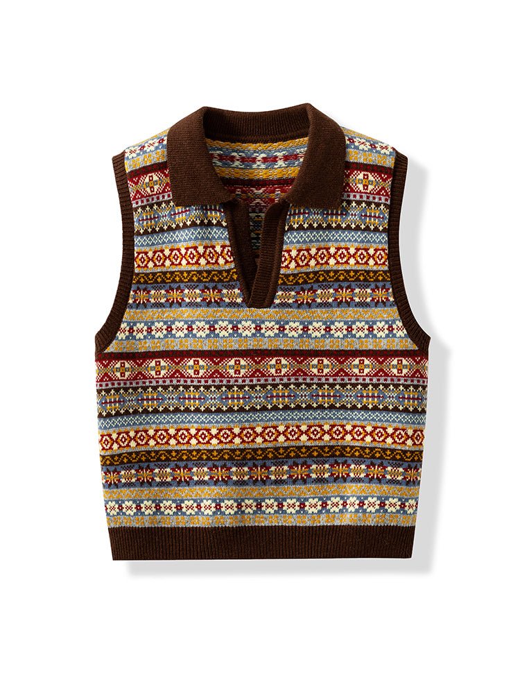Fair Isle Jacquard Knit Vest for Women – French Vintage Scissor V-Neck Geometric Sweater Top