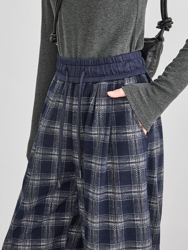 Women's Blue Plaid Wide-Leg Pants – Fall/Winter Casual Jogger Sweatpants with Curved Seam, Flattering Fit