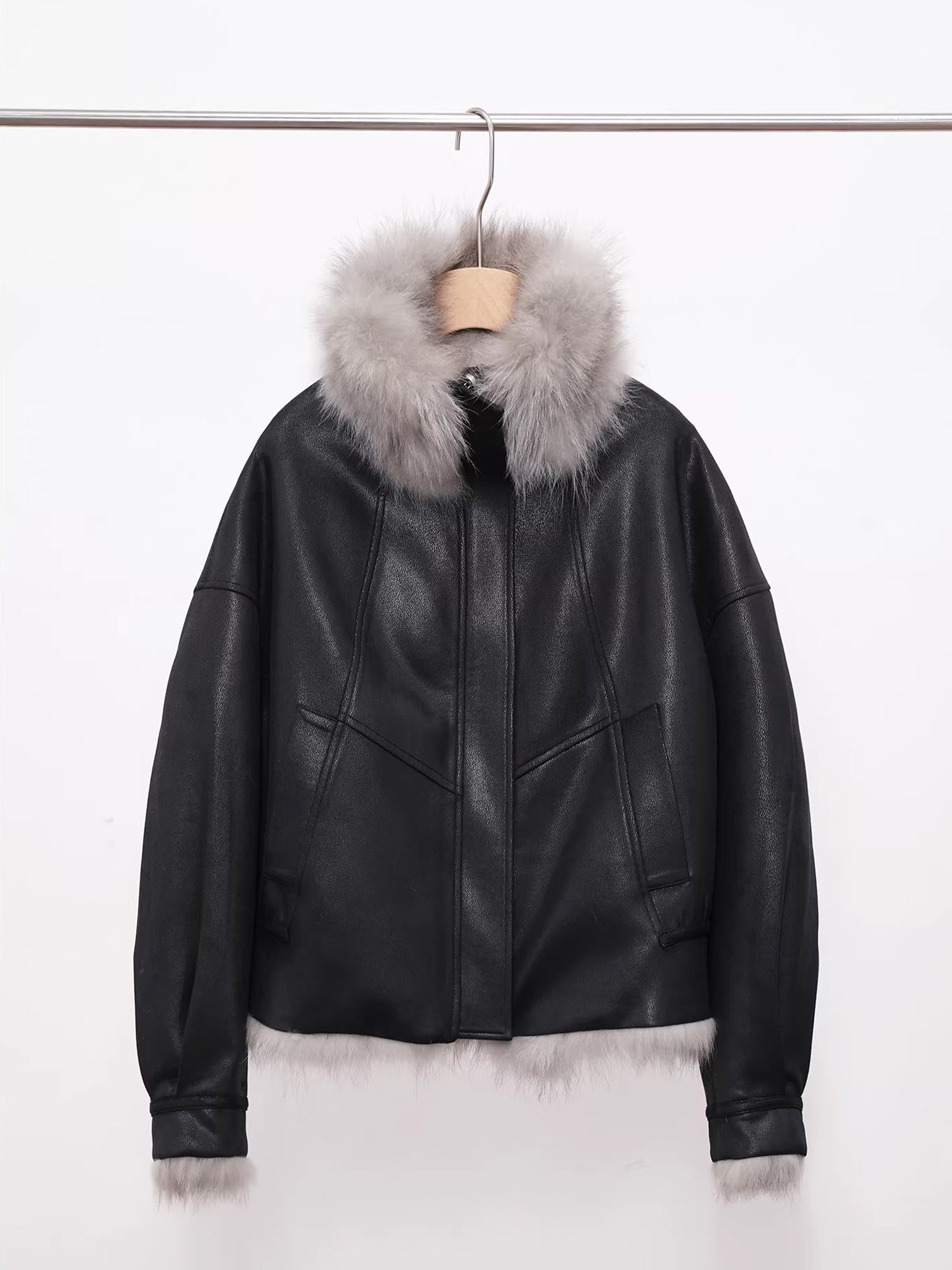 Women’s Reversible Suede Jacket with  Raccoon Fur Collar | Short Winter Biker Coat