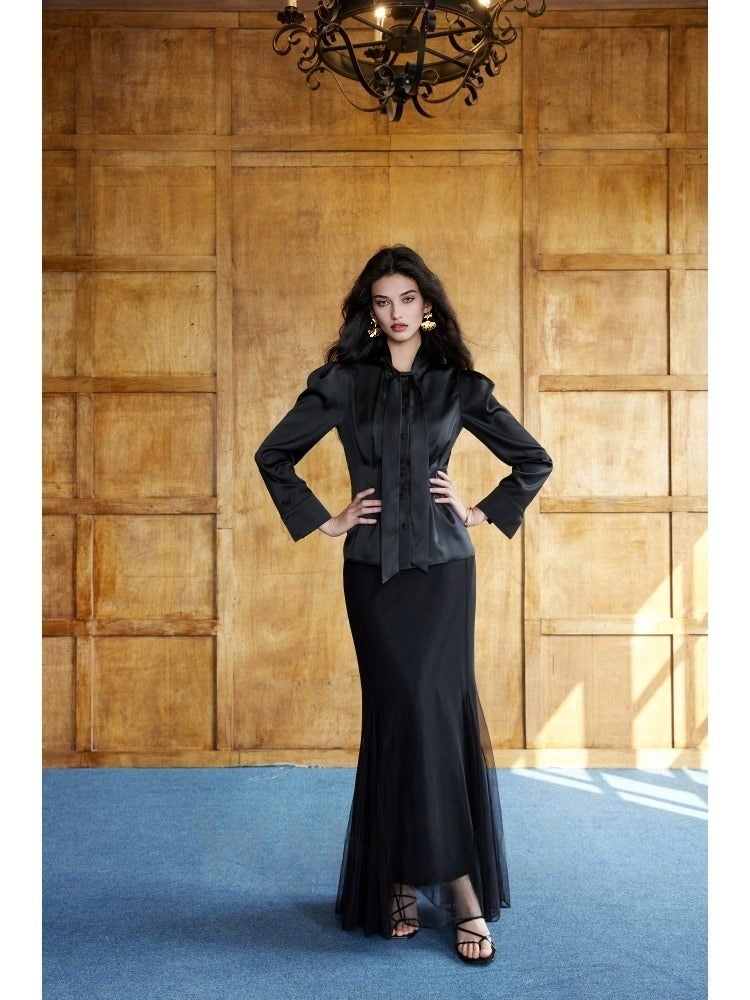 Women’s Luxury Satin Shirt – Floating Collar, Waist-Cinching Long Sleeve, Double-Faced Fabric