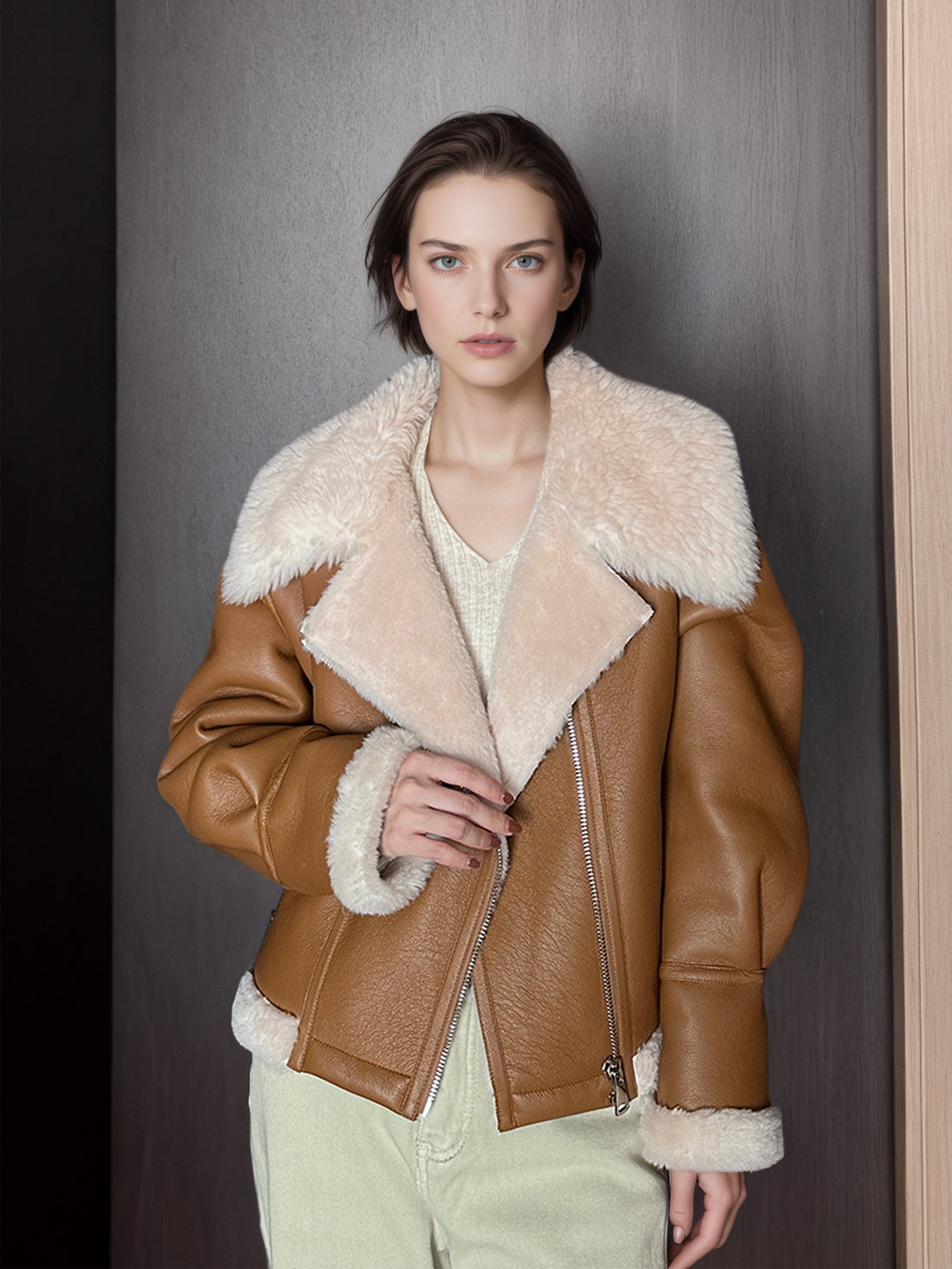 Eco-Friendly Faux Leather & Genuine Wool Shearling Jacket – Plush Flocked Lamb Fur Short Coat for Women