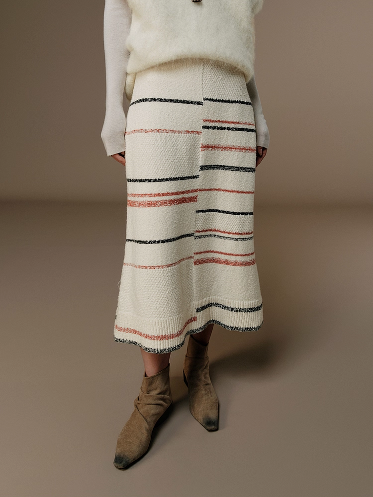 Lazy Winter Chunky Knit Colorblock Striped Stretch Midi Skirt